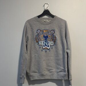 Kenzo Grey Crewneck Sweater with Embroidered Multicolor Tiger